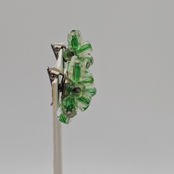 Vtg Mid-Century Atomic Starburst Green Stripe Glass Cluster Clip Earrings Japan - Picture 5 of 13